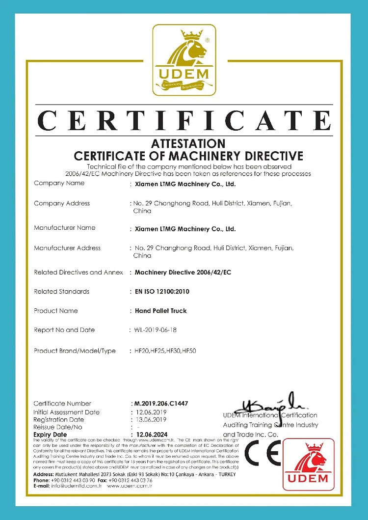 CE Certificate of Hand Pallet Truck CE Certificate of Hand Pallet Truck