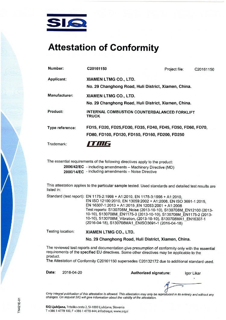 Forklift Attestation of Conformity Forklift Attestation of Conformity